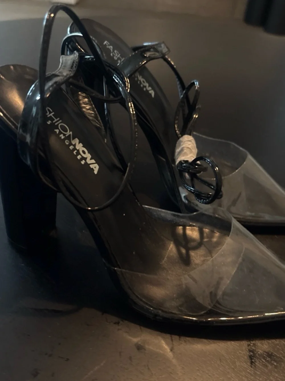 Fashion Nova Black Patent Clear Strap Block Heel Sandals